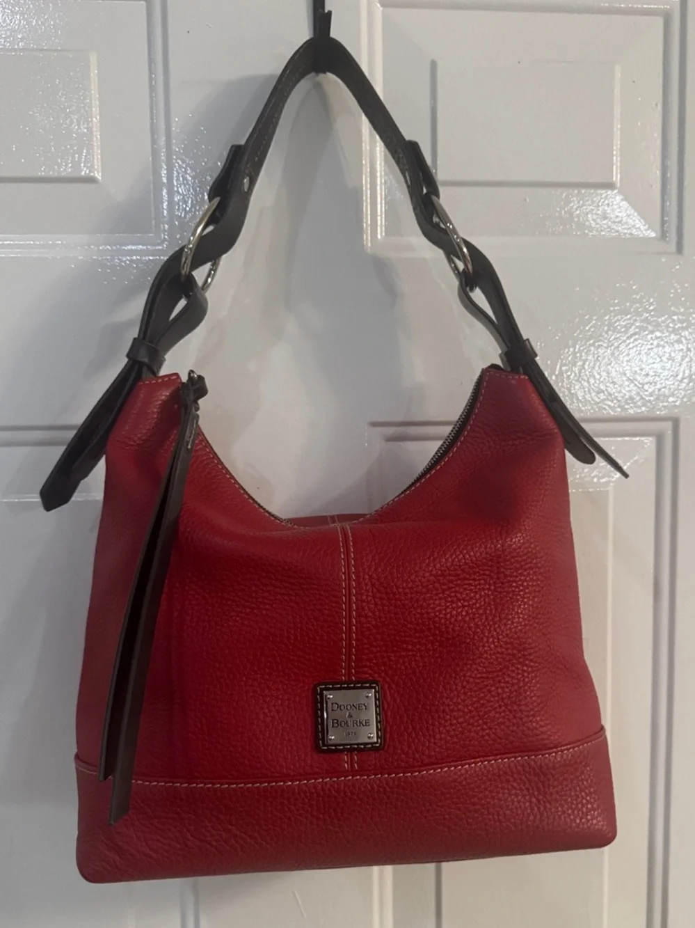 Dooney & Bourke Red Pebble Leather Hobo with Dark Brown Strap